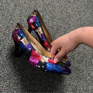 VINTAGE Sequin Colorful Bright Patchwork Funky  Round-Toe Unique Heels Shoes 9